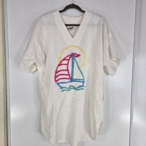 Vintage Beached White V-Neck Terry Cloth Cover Up Sailboat Design Summer 80s Med